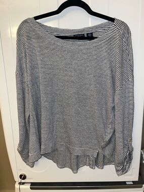 Adrienne Vittadini Navy & White Striped Boatneck Long Sleeve Top with Roll-Tab